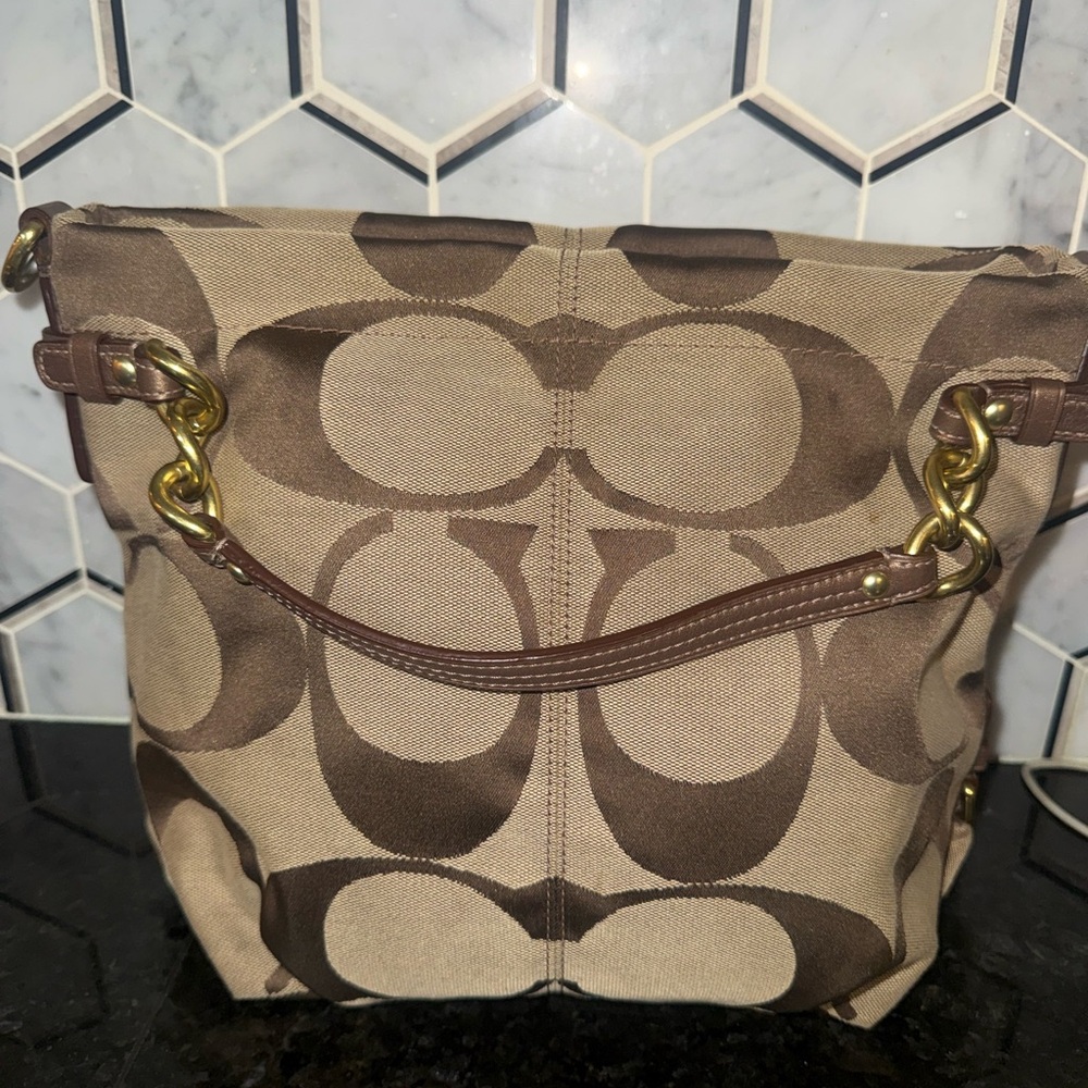 Coach Canvas Signature Shoulder Bag in Brown and Tan